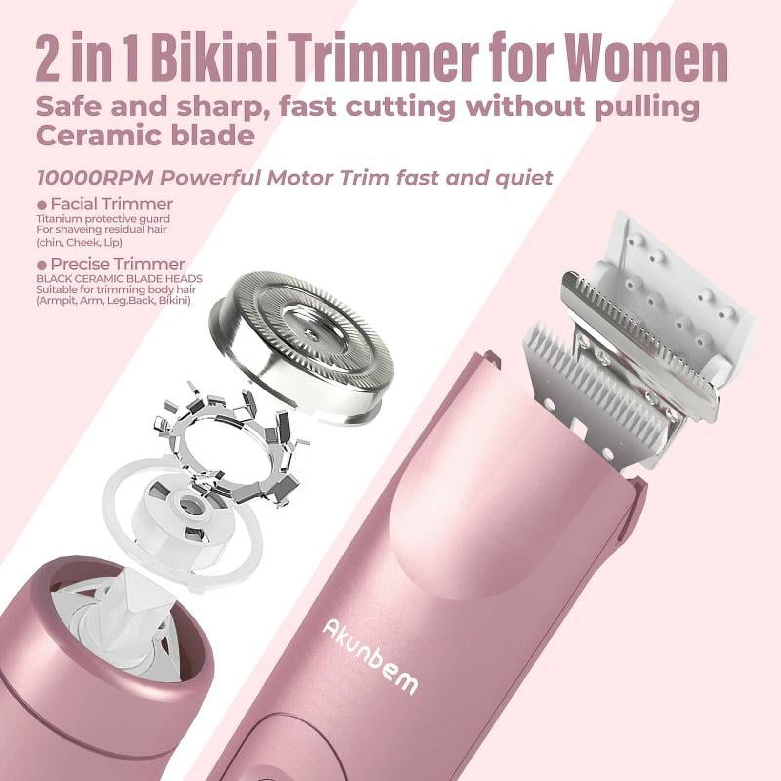 Bikini Trimmer for Women, Electric Shaver and Razor Rechargeable 2-in-1 Body and Facial Epilator, Dual Heads for Painless Trimming of Pubic Hair, Face, Underarms and Legs, IPX7 Waterproof.