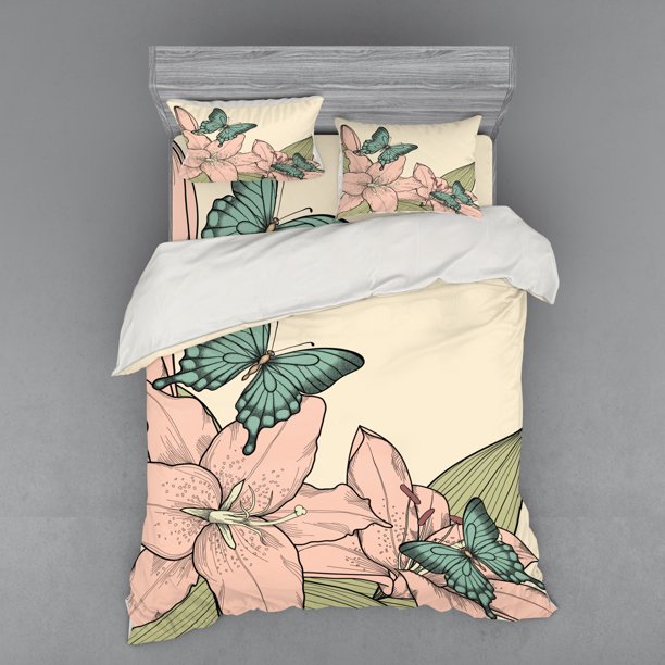 Spring Duvet Cover Set, Swallowtail Butterflies on Lilies and Leaves