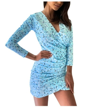 

BYOIMUD Women s Fashion Cross V- Neck Floral Printing Long Sleeves Hip Wrap Sexy Slimming Dress For 2022 Women Tops