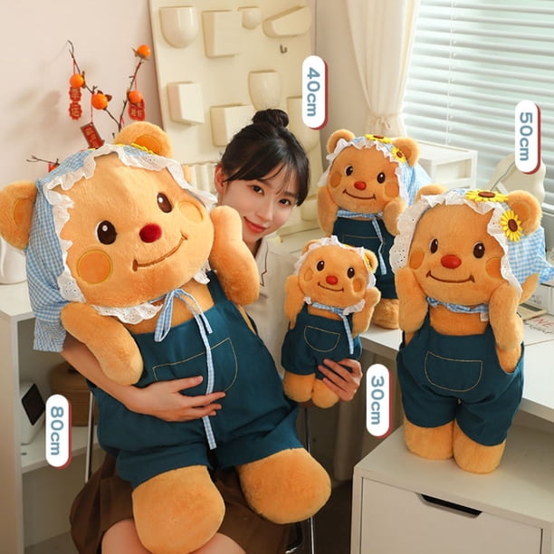 Vestido con pañuelo para la cabeza Kawaii, oso de mantequilla, juguete de peluche, cara tímida, abrazando, oso marrón, peluche para niños, regalo de cumpleaños