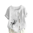 thumbnail image 3 of GSPCLAM Tshirts Shirts for Women Crew Neck Short Sleeve Loose Tops for Travel Plus Size Summer Floral Print Cotton Linen Casual T Shirts Blouses White, 3 of 4