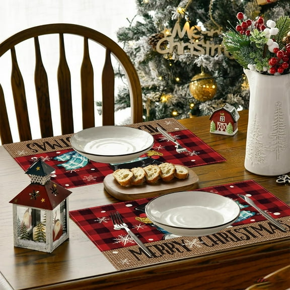 Seyotauo Christmas Decoration,Christmas Placemat,12x18 Inch Linen Plaid Snowflakes Xmas Tree Table Runner Winter Holiday Xmas Theme Table Mats Indoor Home Dining Kitchen Party Centerpiece Table Decor