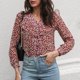 thumbnail image 5 of Blusa de manga larga con cuello en V floral pequeño con volantes sueltos para mujer Pompotops  FGAJ14508, 5 of 9