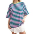 thumbnail image 2 of Women Home Casual Striped Pattern Round Neck Short Sleeved Pullover Color Block T Shirt Top, 2 of 5
