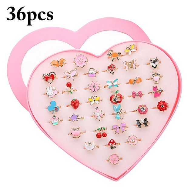36Pcs Adjustable Cartoon Rings Princess Jewelry Finger Rings with Heart Shape Box for Little Girls Kids Child Toddler Random Shape and Color