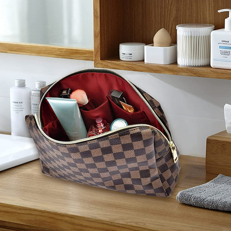 Aokur Checkered Travel Makeup Bag for Women Girls, Waterproof Brown Cosmetic  Pouch Case, Vagan Leather Toiletry Bag 