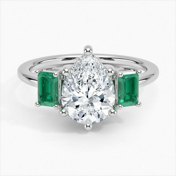 Dash Jewel Three Stone 2.6 Ct Pear Cut Lab Created Emerald Diamond Anniversary Ring - 14K White Gold Plated Emerald Ring - Wedding Anniversary Women's Ring - Anniversary Gifts - Office Wear Ring