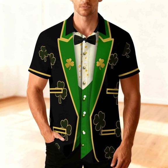 Qzwdhjm Mens St Patrick's Day Tuxedo T-Shirt Shamrock Button Down Shirt Irish Printed Lapel Collar Tops Hawaiian Short Sleeves Shirts