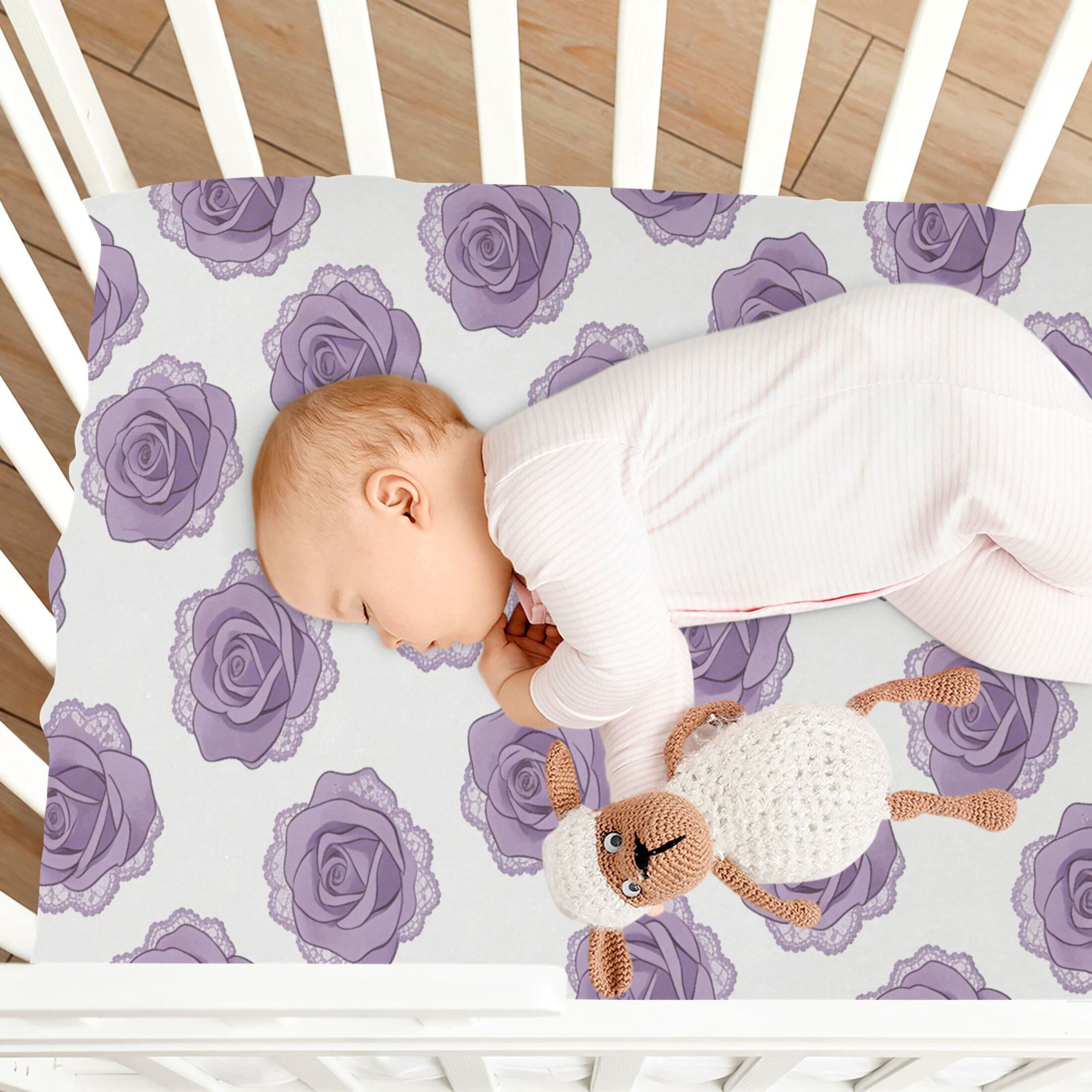 Baby Essentials 52”x 28”- Standard Cotton-like Modal Elastic- Purple Rose Design Crib Sheets for Newborns and Toddlers