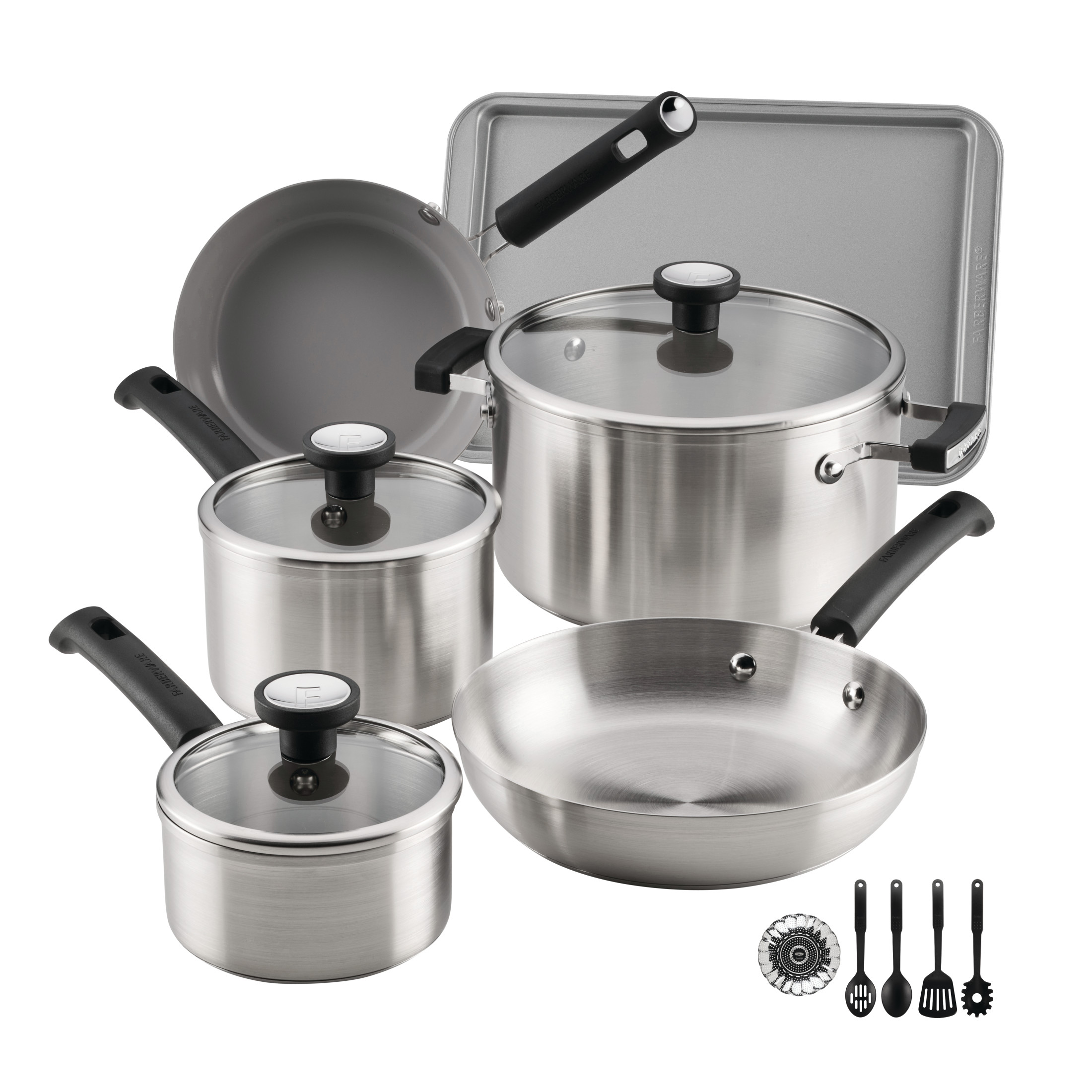 Farberware TrueCook Stainless Steel 14 Pcs Cookware Set, Dishwasher Safe, Metal Utensil and Induction Safe, Stainless Steel