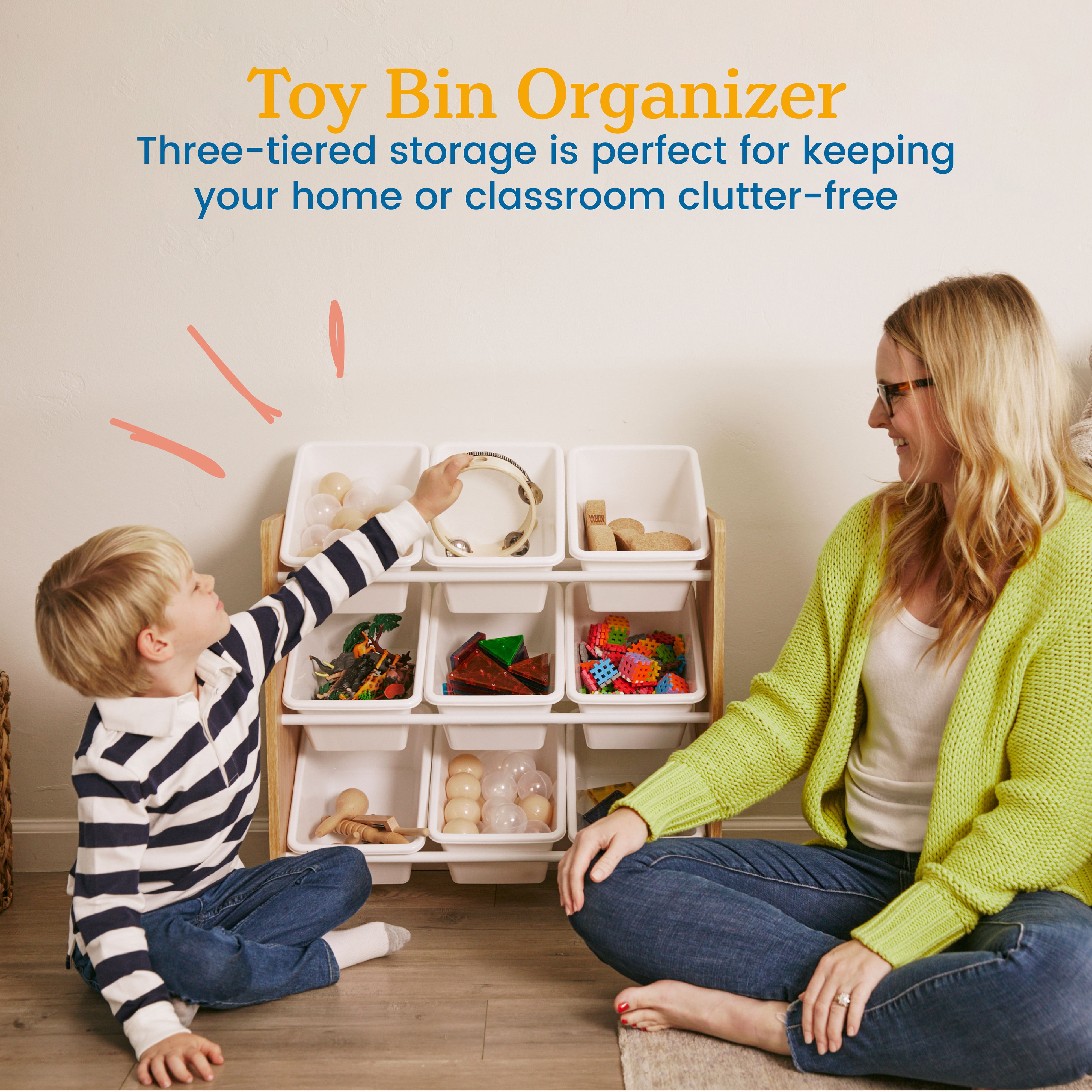 ECR4Kids 3-Tier Organizer with 9 Removable Plastic Bins, 3x3, Toy Storage, Dark Natural/White