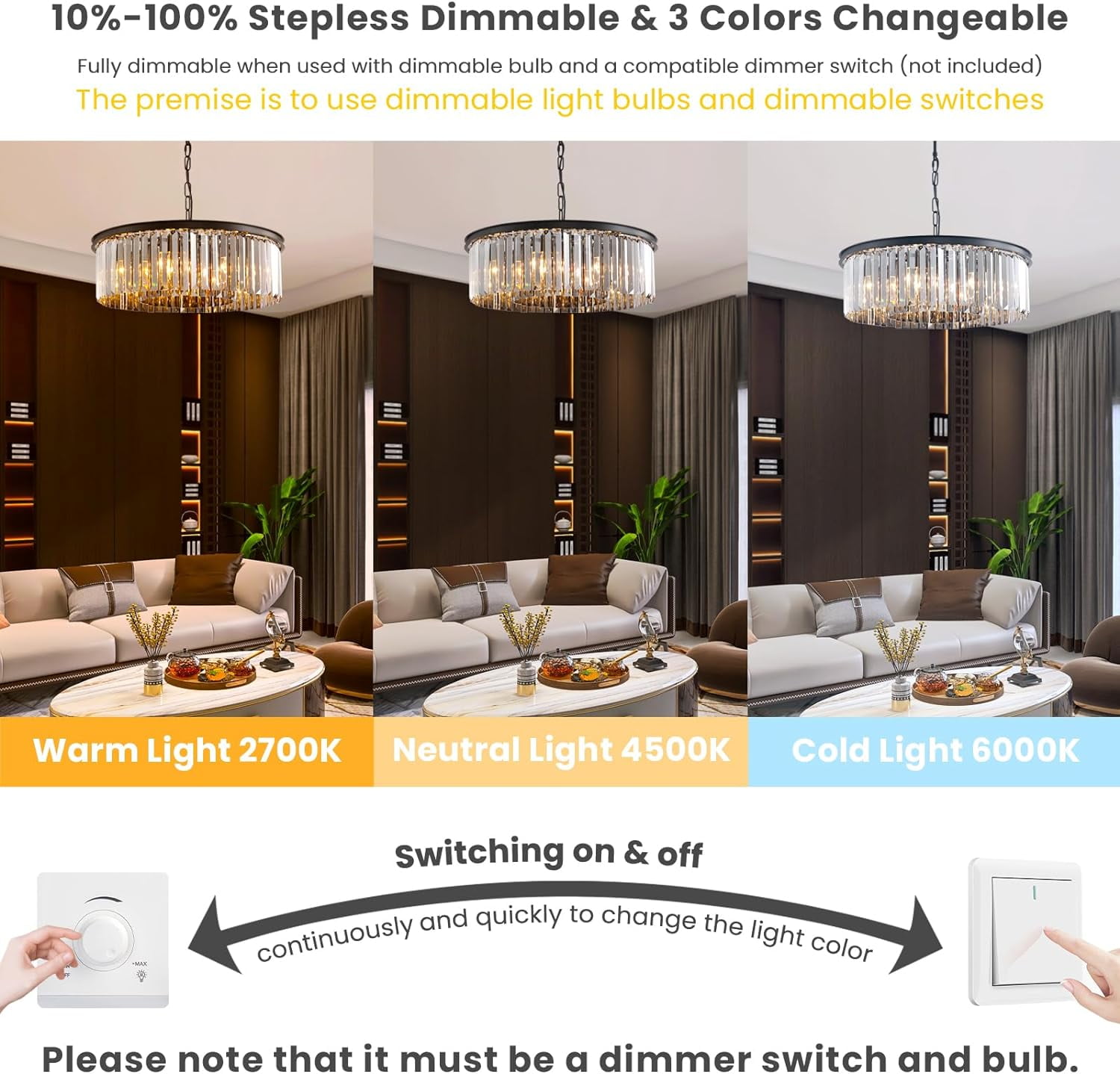 HOOMEDELIER 22" Modern Black Crystal Chandelier, Round 6-Light Pendant for Dining Room & Kitchen
