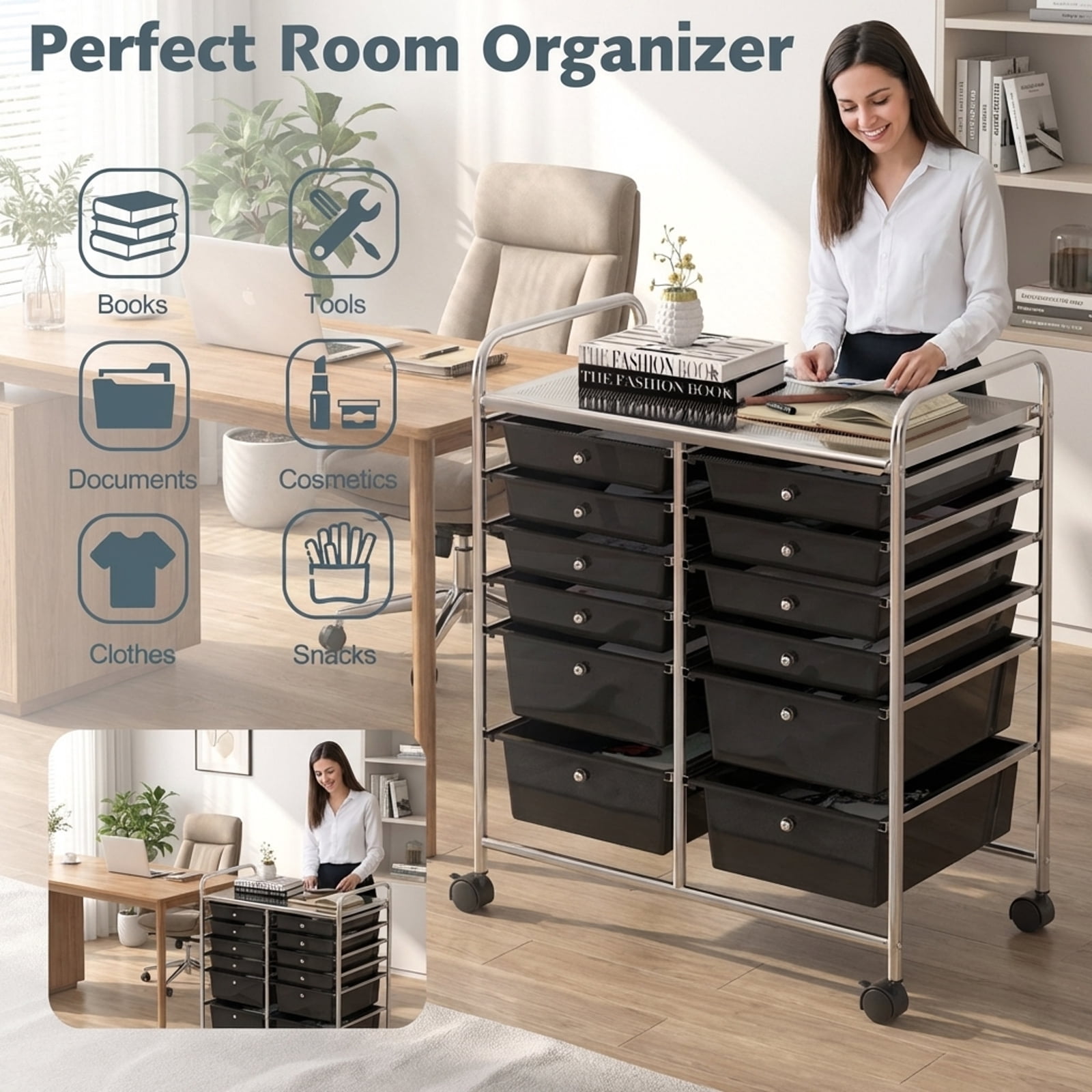 Furnibear 12-Drawer Rolling Storage Cart Removable Drawer Organizer with Locking Wheels for Office and Salon, Black