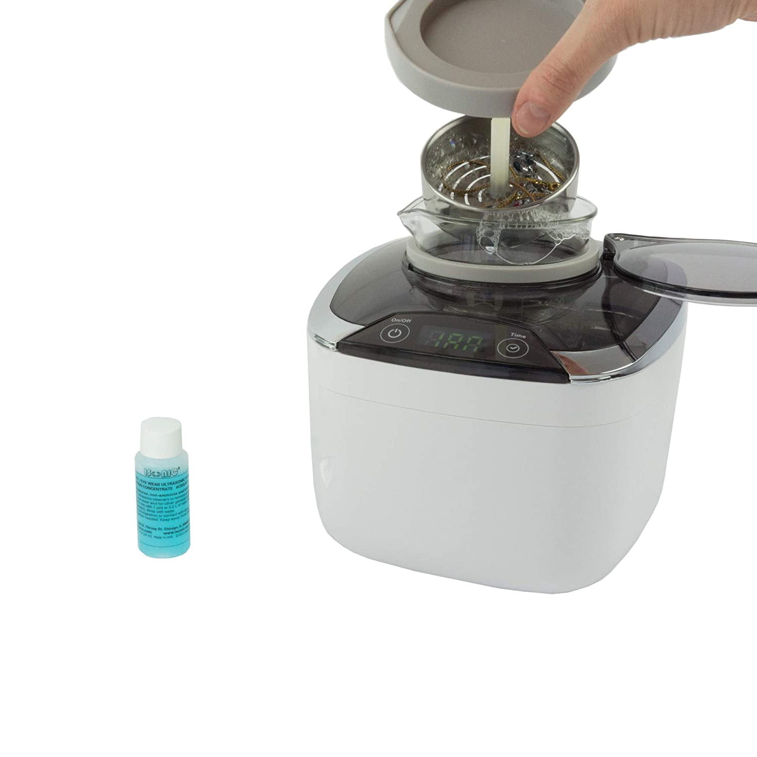 iSonic DS400B Miniaturized Commercial Ultrasonic Cleaner with Integrated 500 Ml Glass Beaker Holder Set for Jewelry, Cosmetic Tools, Eyeglasses, 110V 55W (DS400B (+BK06)