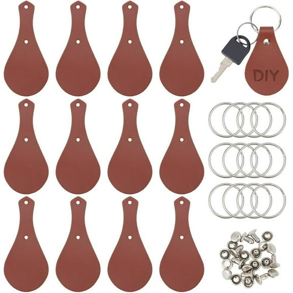 12 Sets Genuine Leather Keychain Kit Brown Blanks Leather Keychains Kit Leathers Keychain Making Kits Blank Leathers Key with Keyrings Key Fob Kits DIY
