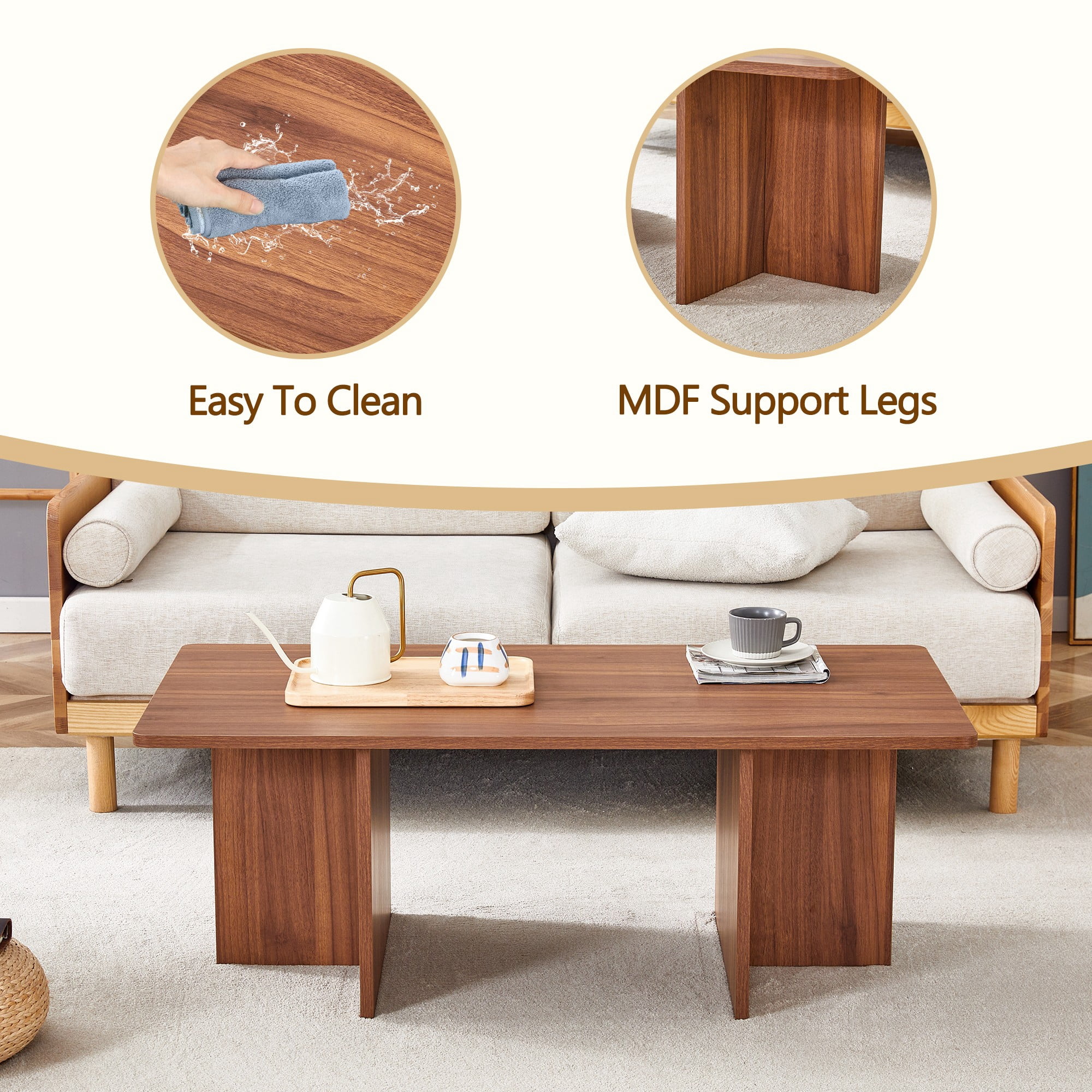 Aukfa Coffee Table, Modern Stable Support Rectangular Center Table for Living Room, 45Inch, Walnut