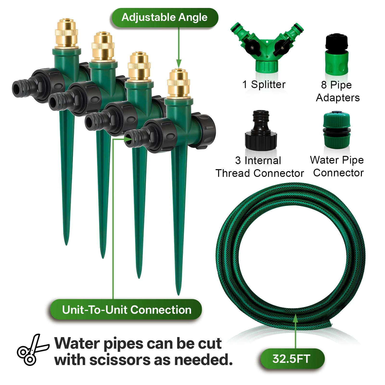 4 Pack Flexible Sprinkler System With Spike Base  Above Ground Kit Multi-adjustable Irrigation Set For Yard Lawn 32.5ft Garden Hose Included