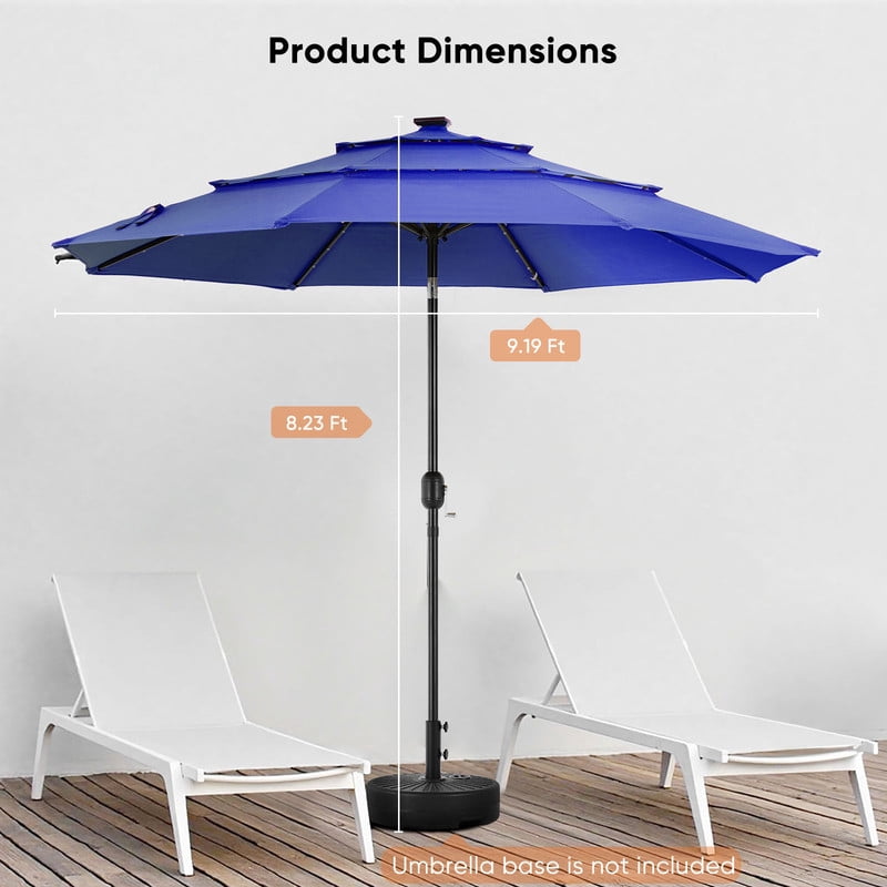 Gianna 10FT 3-Tier Solar Patio Umbrella with 32 LED Lights, Outdoor Umbrellas with Push Button Tilt and Crank,Navy Blue