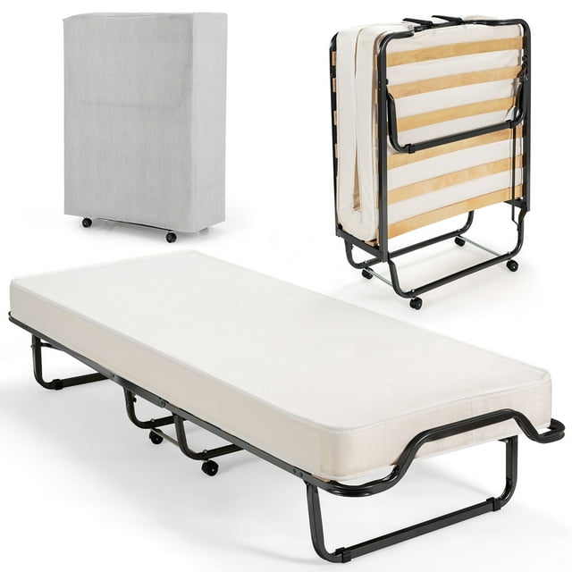 Gymax Lit d'Appoint Pliant Portable avec Matelas en Mousse Mémoire de 4 Pouces d'Épaisseur et Housse Antipoussière. Conçu avec un Cadre en Acier Noir Robuste, 15 Lattes en Bois pour le Soutien, Tapis Antidérapants pour la Stabilité et Quatre Roues Pivotantes pour une Mobilité Facile. Idéal pour un Rangement compact et l'Utilisation en Chambre d'Amis. Présenté en États Dépliés, Pliés et Recouverts.