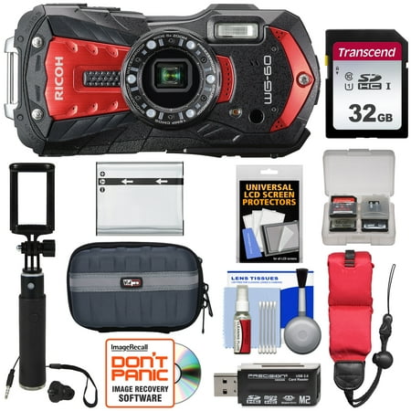 Ricoh WG-60 Waterproof / Shockproof Digital Camera (Red) with 32GB Card + Battery + Case + Selfie Stick + Floating Strap + (Best Waterproof Shockproof Camera)