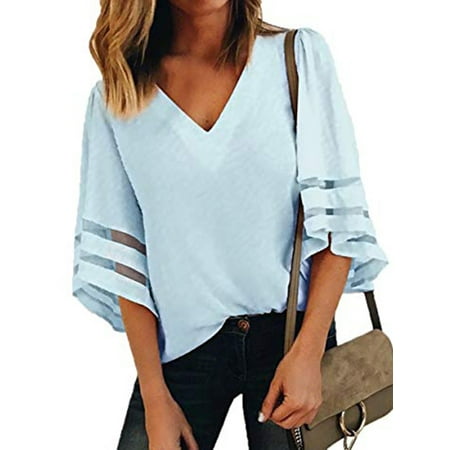 3/4 Sleeve Matte - LELINTA Womens Plus Size Chiffon Top V Neck 3/4 Bell Sleeve Blouse Lace Patchwork Loose Shirt S-5XL