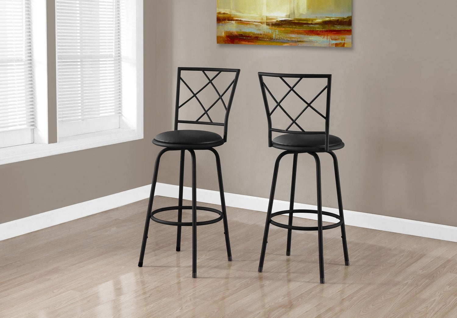 Monarch Specialties Bar Stool, Set Of 2, Swivel, Bar Height, Metal, Pu Leather Look, Black, Contemporary, Modern