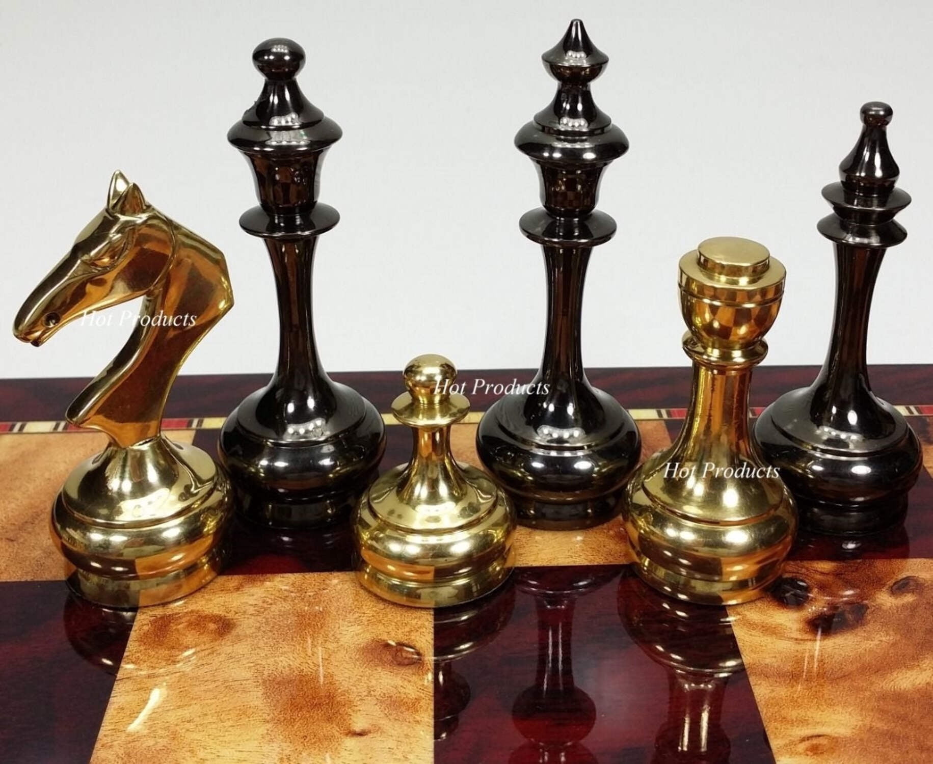 Brass Metal Gold  Black Modern Slim Staunton Chess Set 18" Cherry Color Board