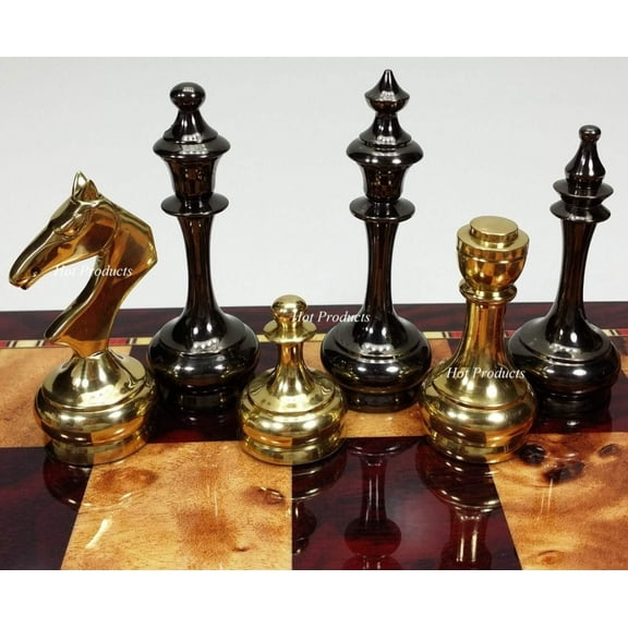 Brass Metal Gold  Black Chrome Modern Slim Staunton Chess Men Set - NO Board