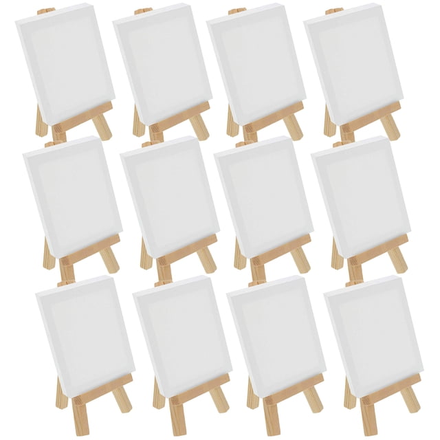 U.S. Art Supply Lienzo estirado de 2.0 x 3.0 in con mini caballete de 5.0 in (paquete de 12) – Soporte de exhibición de mesa con marco en A de madera natural, mini caballete – Caballetes pequeños para