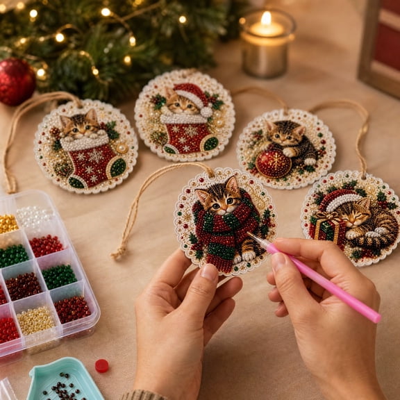 6Pcs Christmas Dog Ornaments Pearl Diamond Art Kits, DIY Hanging Christmas Diamond Art Ornaments Set with Special-Shaped Gem Pearls & Jute Twine for Xmas Decor Craft