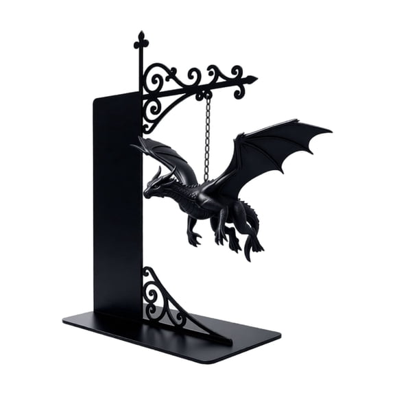 Magical Floating Dragon Bookshelf Decor Metal Figurine Ornament Fantasy Gothic Bookcase Accent for Desk Shelf Display Stand (Black)