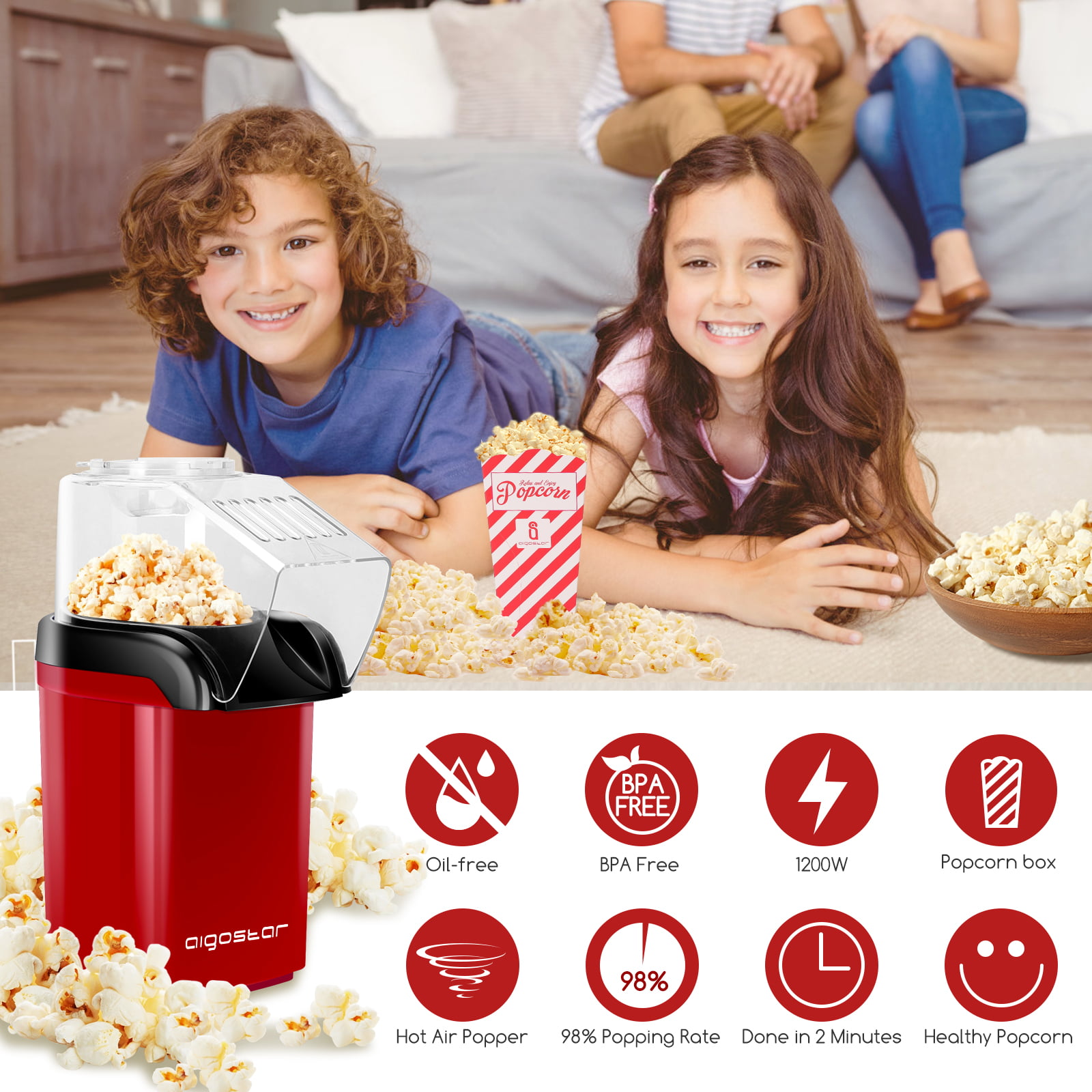 StarPop Automatic Popcorn Machine with Healthy Air Frying Features,  2-Minute Cooking Time, 10-cup Capacity, High Heat Levels, and Durable,  Easy-to-Clean Materials - Vysta Home