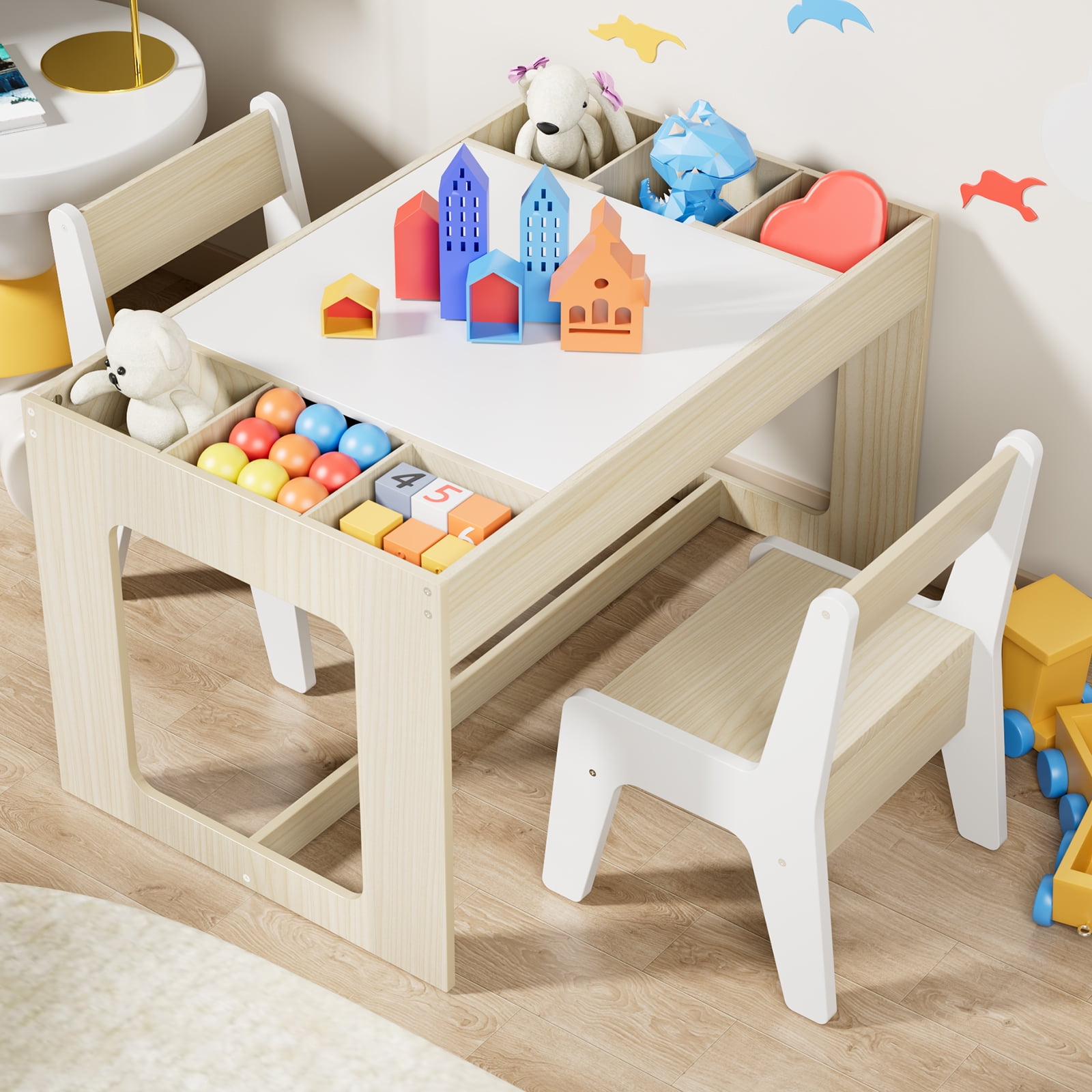 LAZY BUDDY Toddler Table and Chairs Set, Wooden Kids Activity Desk Set with Storage, 2 in 1 Whiteboard & Blackboard for Children's Drawing, Playing, Arts & Crafts