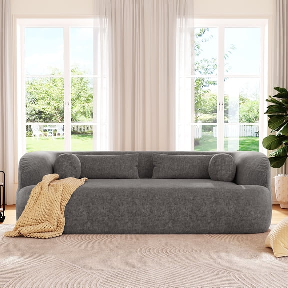 Leumius 86" Chenille Boneless Couch, Upholstered Sofa with Pillows, No Assembly Curved Cloud Couch with High-Density Foam, 3-Seater Luxury Modern Compressed Sofa for Living Room&Apartment Gray