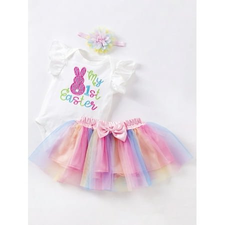

My 1st Easter Outfits Infant Baby Girl Short Sleeve Romper Bunny Bodysuit Lace Tutu Skirt Headband 3Pcs Summer Outfits (Easter White 18-24 Months)
