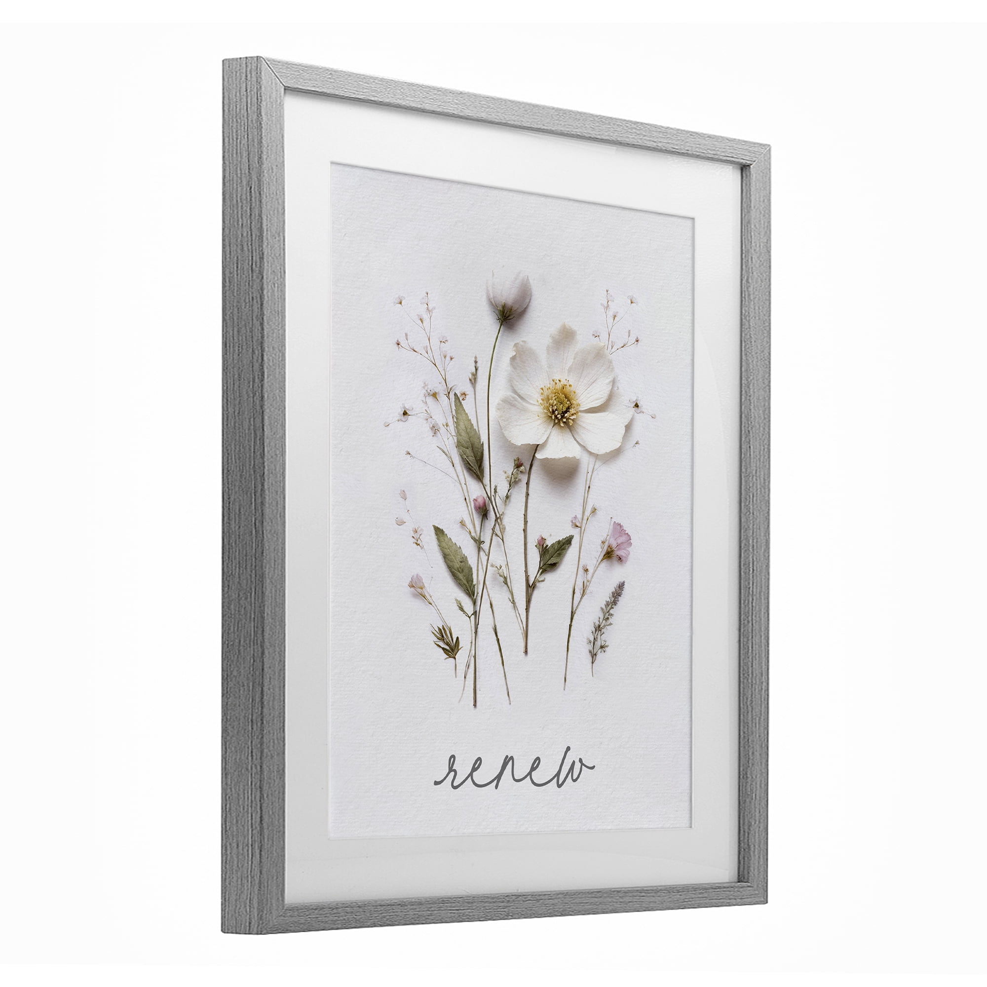 Pressed Flowers Renew Gray Framed Print Under Glass, design by Lettered and Lined