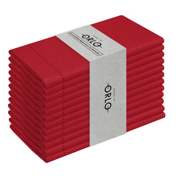 House of Orlo Hemstitched Cotton Napkins, 12 Pack, 18"x18", Red