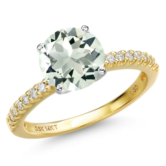 Gem Stone King 14K Two Tone Gold Green Prasiolite and Lab Grown Diamond Engagement Ring for Women | 2.56 Cttw | Round 9MM | Gemstone Birthstone | Size 9