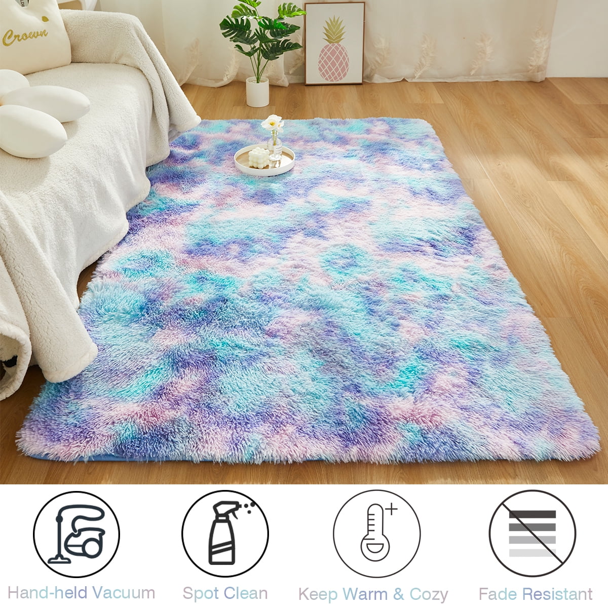 PERFEMET Rainbow Purple Teal Big Area Rugs 5x8 Carpet Tie Dye Plush Shag Rugs for Bedroom Living Room Floor Mat for Nursery Dorm Soft Rectangular Rug(5'x8', Teal Purple)