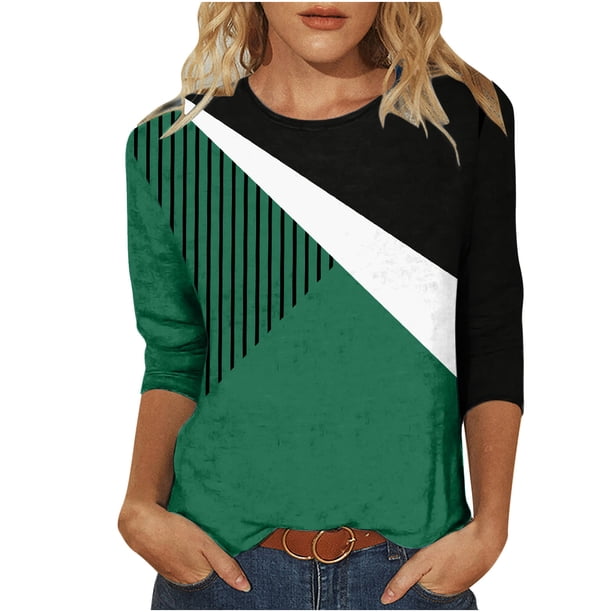 Elegante blusa de manga corta con cuello redondo retro para mujer con estampado de manga tres cuartos OAVQHLG3B Store lin121212