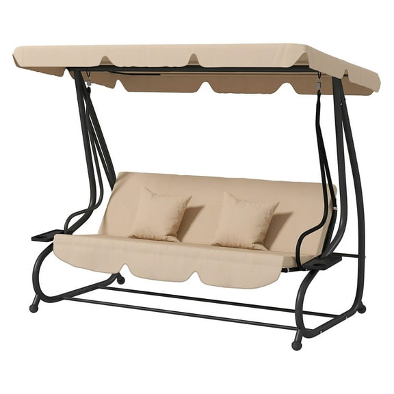Free Standing Swing Bench - Porch Swing with Stand, Adjustable Canopy, Cushions & Pillows - Ecru Outdoor Daybed for 3 Adults