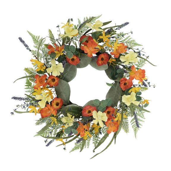 24" Vibrant Puleo International Artificial Dogwood and Poppy and Daisy Floral Spring Wreath