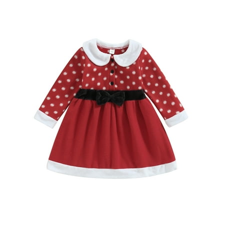 

Christmas Toddler Kids Girl Princess Dress Casual Dot Print Patchwork Long Sleeves Party Dress