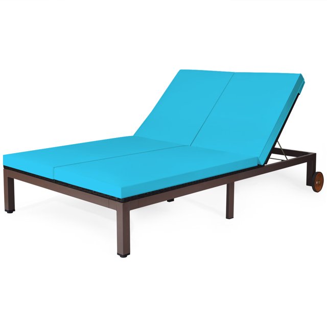 Topbuy Chaise Longue Inclinable de Patio en Rotin pour 2 Personnes avec Roues et Coussin Turquoise