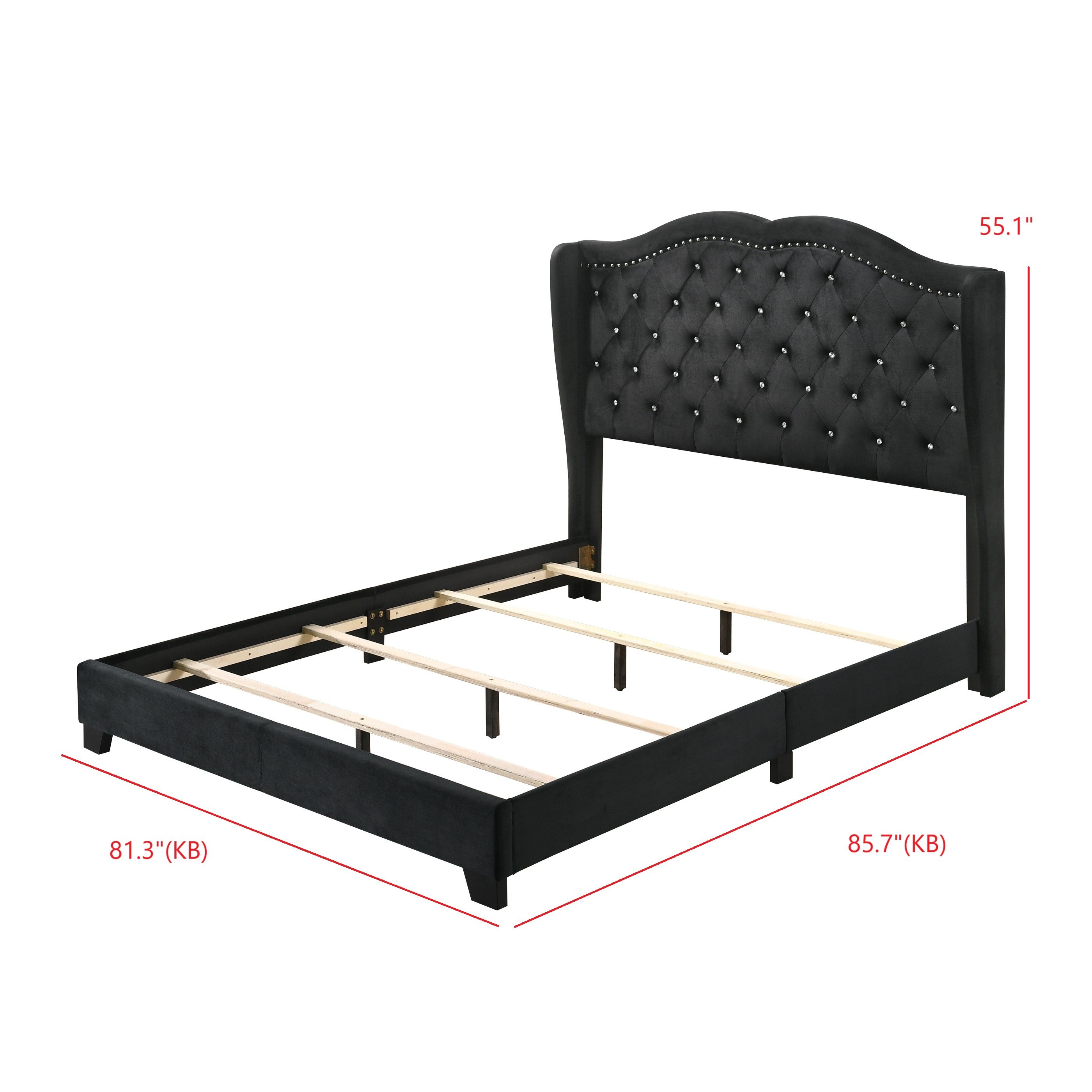 Home Design Aiden King Upholstered Panel Bed Frame with Tufted Headboard for Adult, Black, Easy Assembly