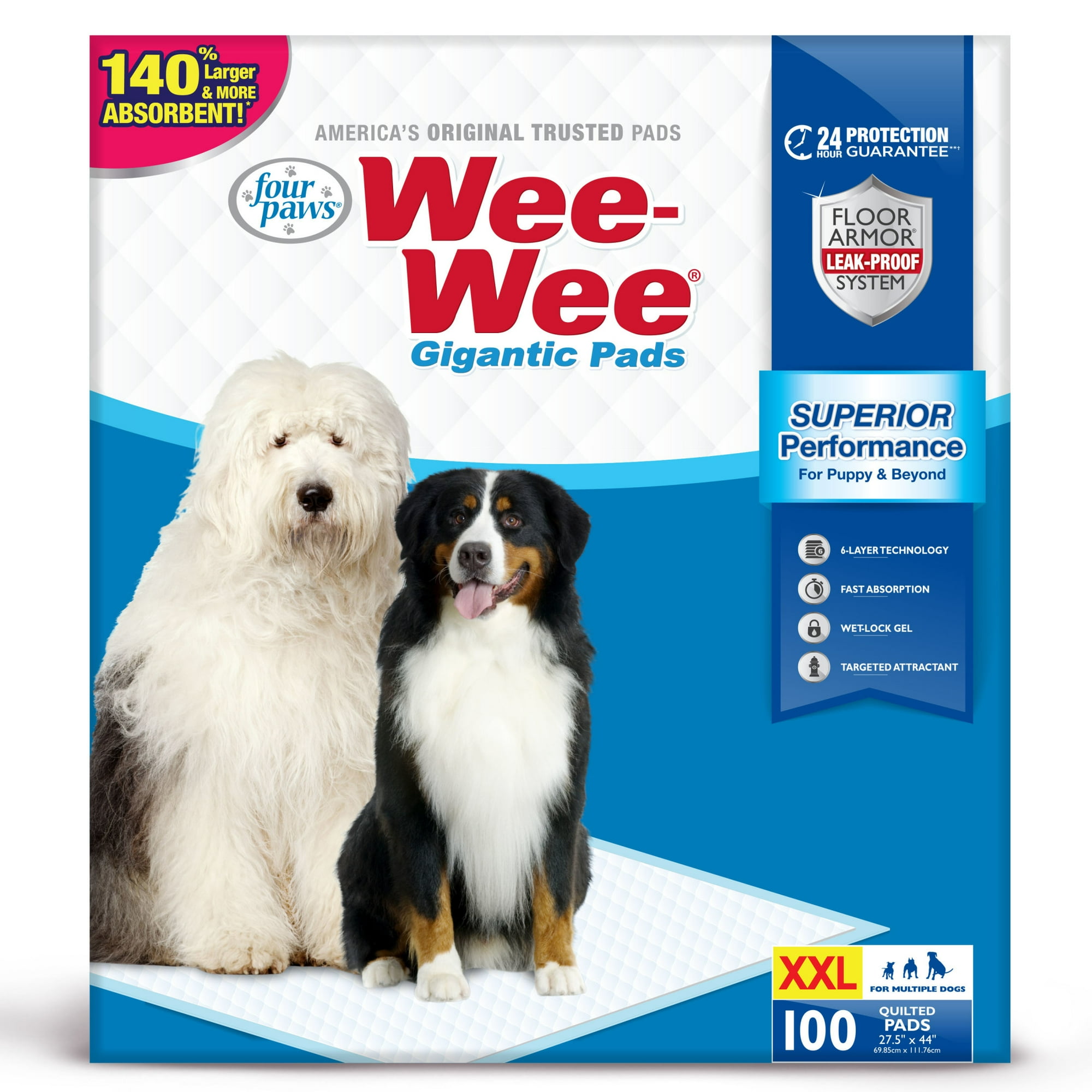 Four Paws Wee-Wee® Superior Performance Gigantic Dog Pee Pads 27.5" x 44" (100 Count)