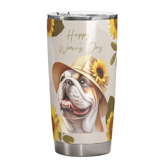 Happy Women's Day Bulldog Sunflower Vintage Proud Mom 20oz Stainless Steel Tumbler Insulated Cup with Lid Dog Lover Gifts Idea - 02030