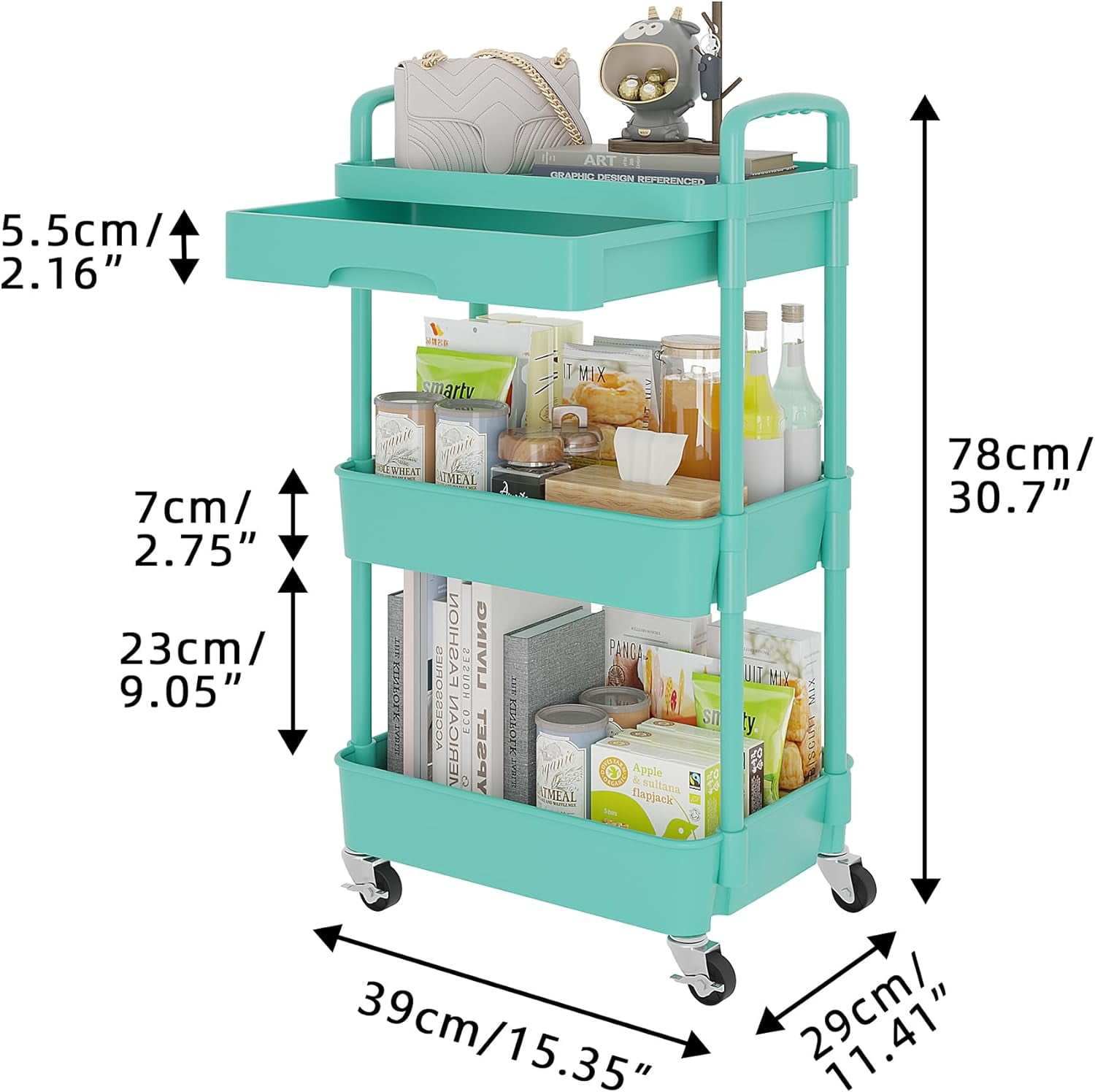 3-Tier Rolling Utility Cart with Drawer,Multifunctional Storage Organizer with Plastic Shelf & Metal Wheel,Storage Cart for Kitchen,Bathroom,Living Room,Office,Green