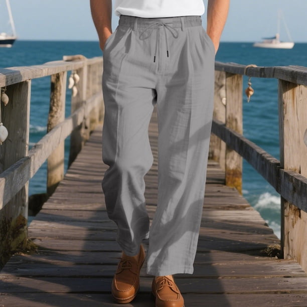 Pantalones largos de lino para hombre, informales, a la moda, transpirables, con cordón, cintura ajustada, piernas anchas, pantalones largos de rayón para hombre.
