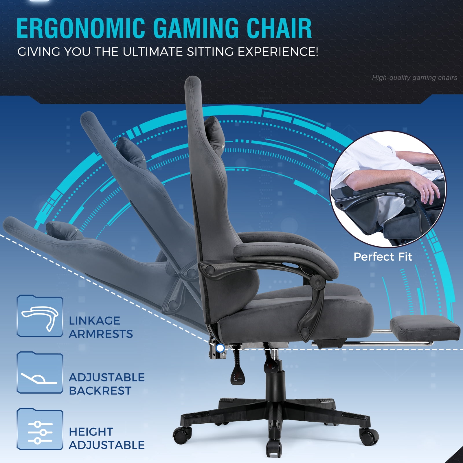 GTPLAYER Big & Tall Fabric Swivel Gaming Office Chair with Pocket Spring Cushion and Footrest, Gray